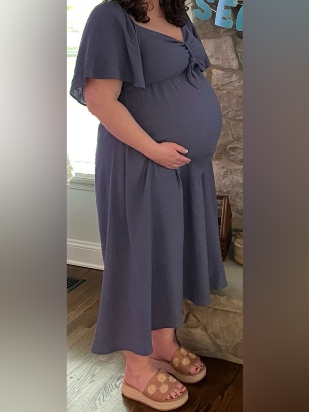 Pinkblush Navy Front Tie Ruffle Sleeve Maternity Midi Dress